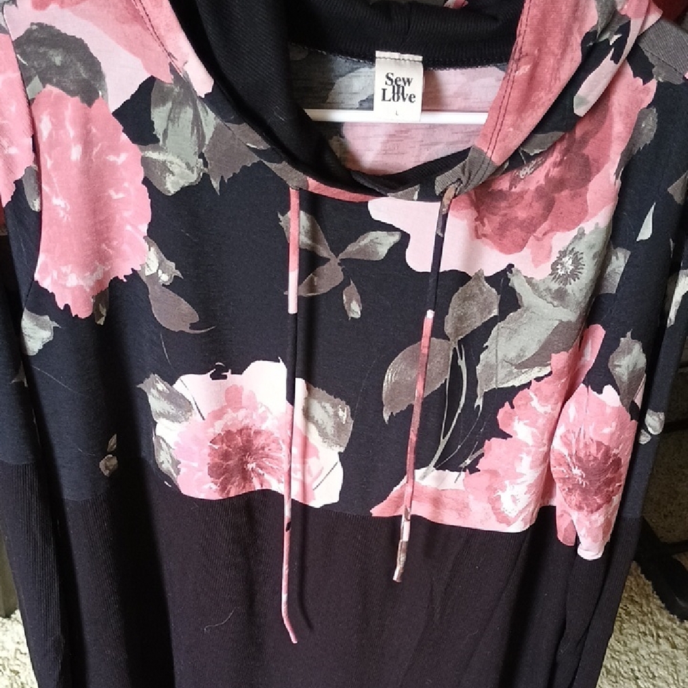 Sew In Love Black Hoodie Tunic with Pink Floral Accents